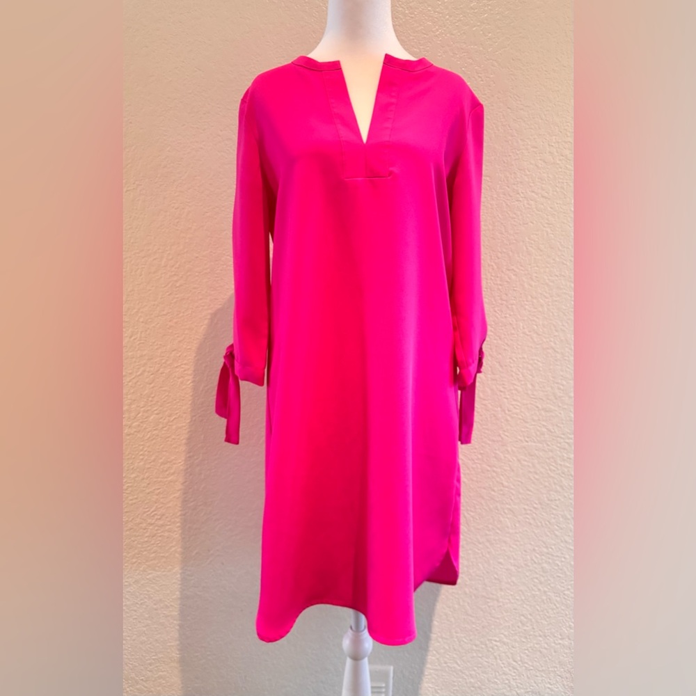 Donna Ricco NY Hot Pink Shift Dress Tie Sleeve V-Neck - Size 6